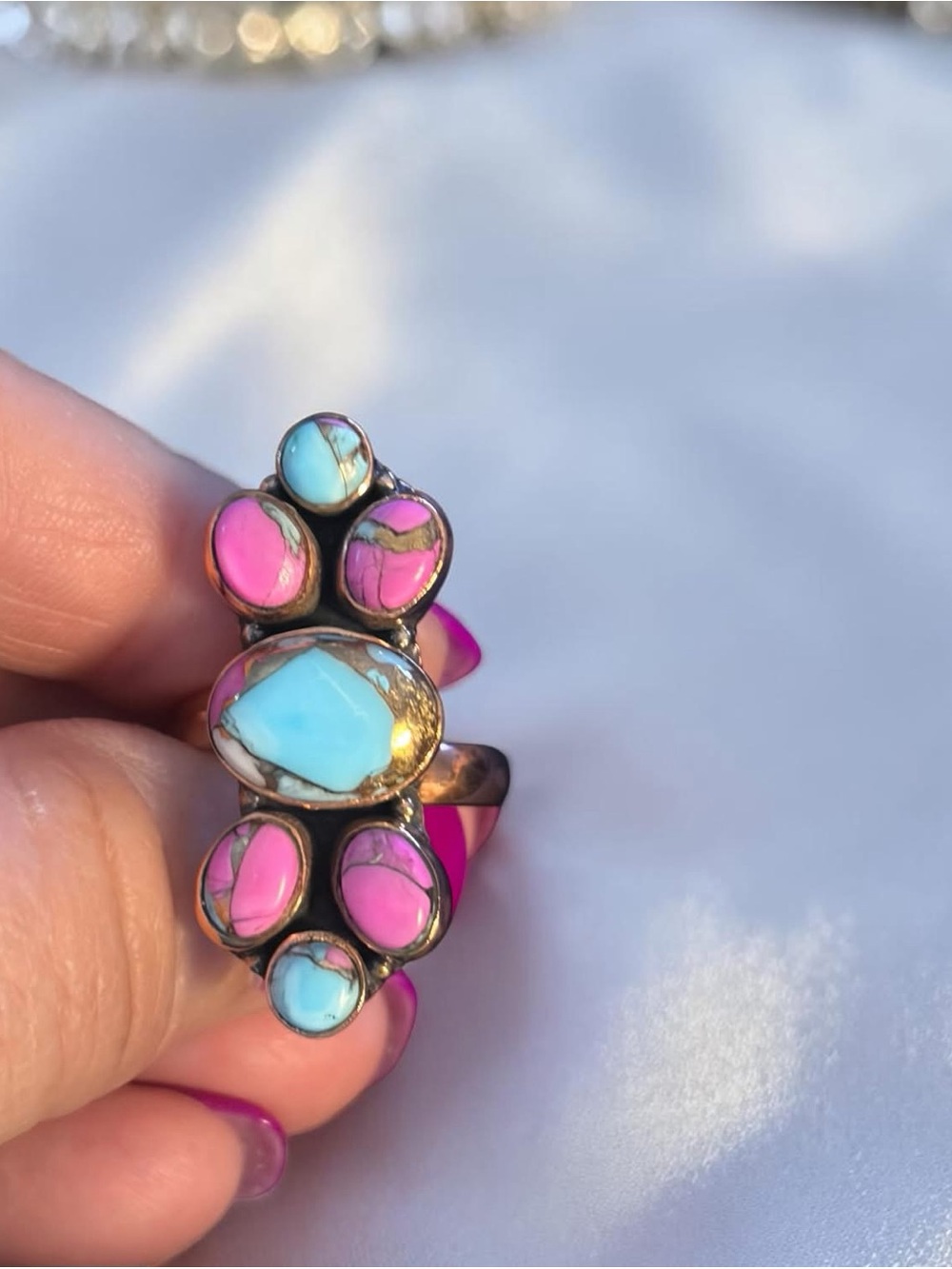 Nice Cotton Candy Turquoise adjustable copper ring